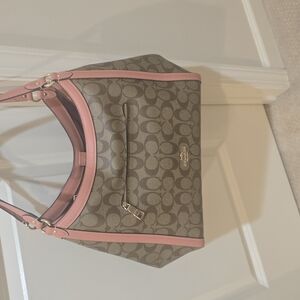 Cream Shoulder Bag with Monogram Pattern and Pink Accents